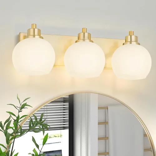 Miniatura 11 de Tuscarora Lámpara de tocador de baño de 3 luces, lámparas de baño negras y doradas, lámpara de tocador moderna con pantalla de vidrio transparente
