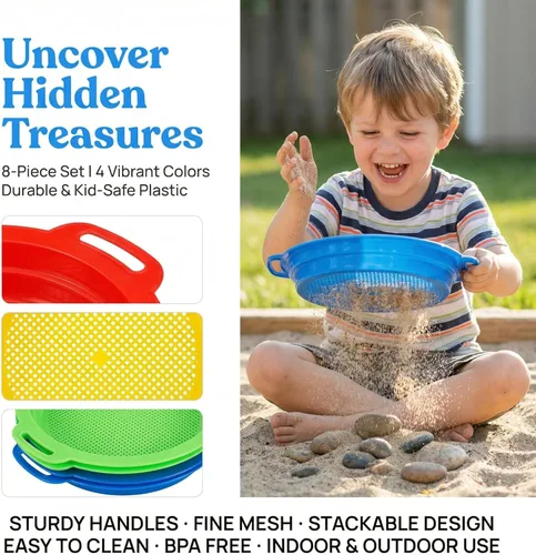Miniatura 5 de Paquete de 8 tamices de arena para niños, juguetes de playa, 9.75 x 8.75 pulgadas, colador de arena de plástico para jardinería, excavación