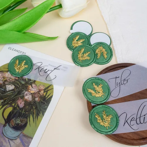 Miniatura 3 de 25 calcomanías de sello de cera doradas y verdes - Sellos de sobre hechos a mano, calcomanías de cera autoadhesivas para invitaciones de fiesta