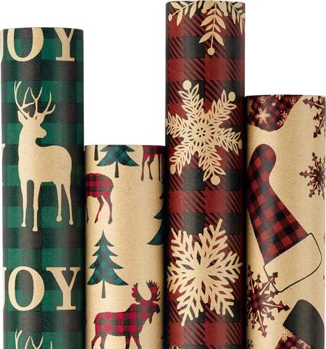 RUSPEPA Papel de envolver de Navidad, papel kraft – Diseño a cuadros rojos y verdes – 4 rollos – 30 pulgadas x 10 pies por rollo Rojo Plaid