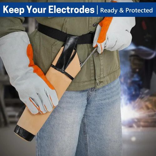 Miniatura 7 de Bolsa de electrodo resistente al fuego, bolsa de lona para varilla de soldadura, soporte de electrodo de cuero con trabillas para cinturón y Amarillo