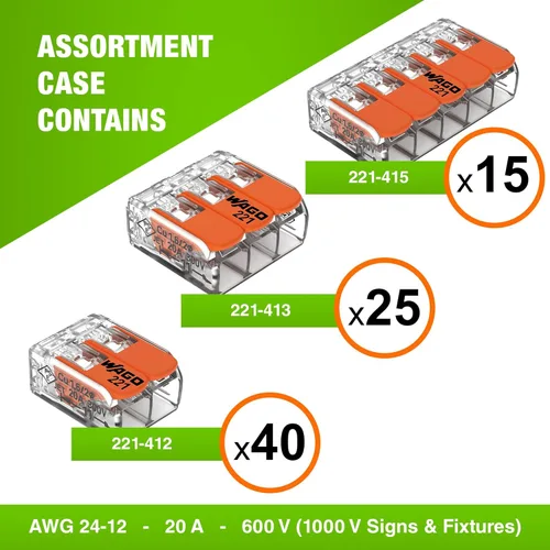 Miniatura 2 de WAGO 221 Serie 80 piezas de conectores de alambre de empalme compactos Incluye (40x 221-412) (25x 221-413) (15x 221-415) Conectores de alambre