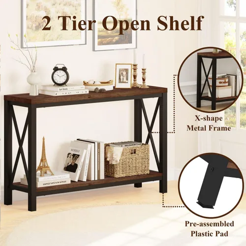 Miniatura 3 de BON AUGURE Mesa consola de 2 niveles para entrada, mesa de sofá de metal y madera detrás del sofá para sala de estar, mesas de entrada industriales