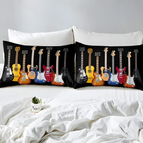 Miniatura 2 de Juego de ropa de cama con estampado de guitarra, funda de edredón con temática de música rock para niños y adultos, funda de edredón colorida