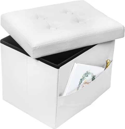 Miniatura 19 de Bsketa Otomana Taburete Reposapiés de Almacenamiento, Banco Pequeño de Otomanas de Almacenamiento de Cuero, Taburete Plegable con Tapa con Asas