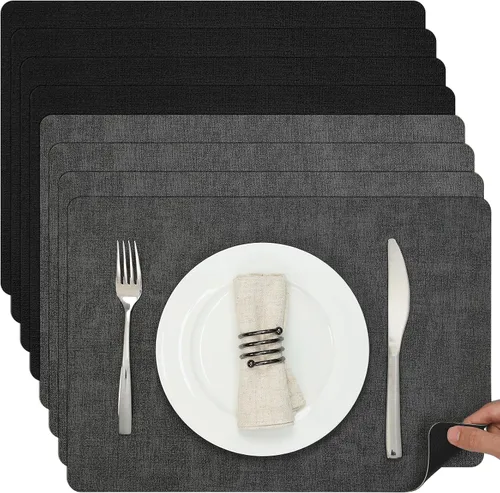 Miniatura 30 de Myir JUN Juego de 6 manteles individuales de doble cara, de piel sintética, para interiores, para mesa de comedor, exteriores, cuadrados, Negro