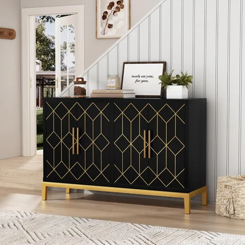 ARTPOWER Aparador buffet con 4 puertas y estantes, aparador moderno de credenza, armario de almacenamiento decorativo tallado para sala de estar,
