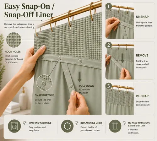 Miniatura 3 de Cortina de ducha con tejido de punto gofre, con forro de tela impermeable a presión, ventana superior de malla, resistente al agua, lavable a