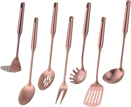 Miniatura 11 de Juego de utensilios de cocina de mango redondo, 7 piezas, acero inoxidable 304 chapado en titanio dorado con tenedor/cuchara pública, trituradores