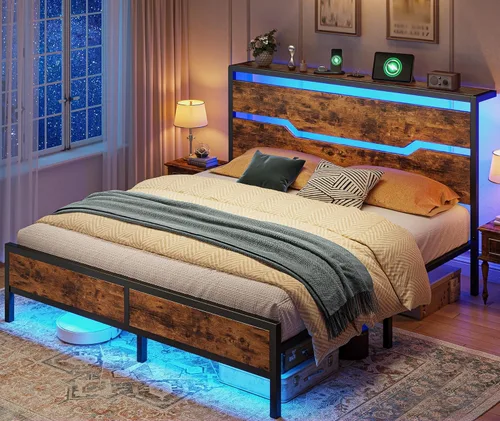 Miniatura 11 de Homkdom - Estructura de cama tamaño matrimonial con luces LED y estación de carga, estructura de cama completa con cabecero de almacenamiento, 13