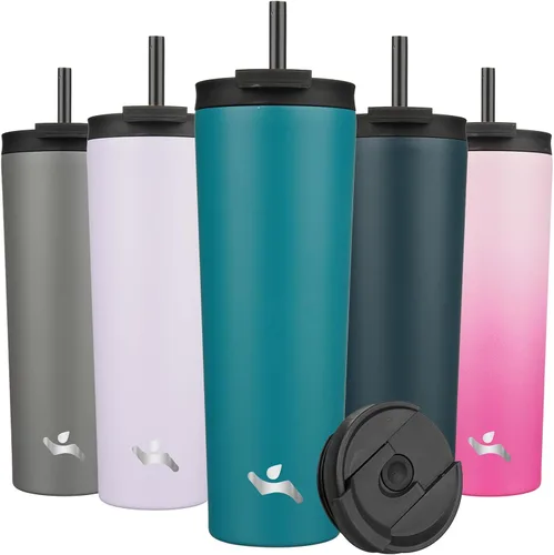 Miniatura 9 de Konokyo Vaso aislado de 18 onzas con tapa y 2 pajillas, botella de agua de acero inoxidable, taza de viaje al vacío, taza de café, color blanco ángel