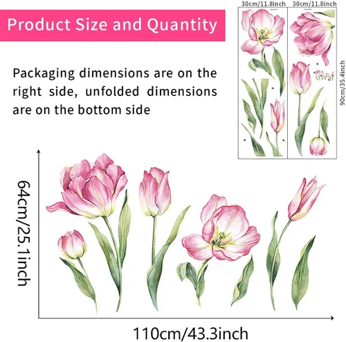 Miniatura 2 de 2 hojas de calcomanías de pared de flores rosas grandes, tulipán, flores, flores, jardín, hojas verdes, plantas, vinilo, bricolaje, decoración
