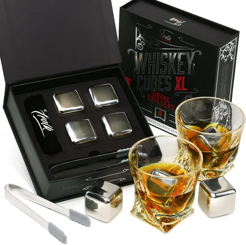 4 cubitos de hielo de acero inoxidable XL, pinzas especiales y bolsa para congelador en caja de regalo de lujo para los amantes del whisky