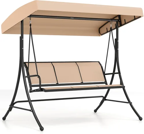 Tangkula 3 Person Porch Swing, Patio Swing with Adjustable Canopy, Heavy-Duty Frame, Breathable Fabric, Outdoor Swing for Porch, Garden, Backyard,