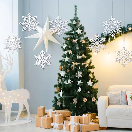 Miniatura 6 de Sratte Paquete de 36 adornos de copos de nieve grandes con purpurina de 12 pulgadas, decoración gigante de plástico para colgar en invierno, Blanco