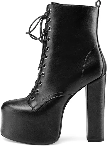 Miniatura 2 de Perisis Botines de plataforma de tacón alto grueso para mujer, botines de tacón con cordones de cuero a la moda con cremalleras