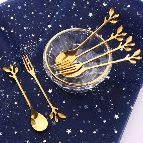 Miniatura 6 de Juego de 12 cucharas de café de acero inoxidable con hojas doradas y tenedores de frutas para tartas, accesorios de cocina, fiesta de boda