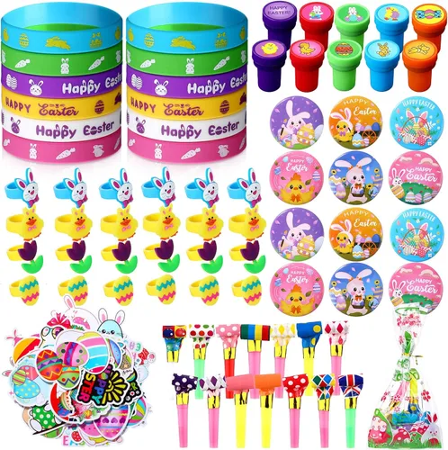 Honoson Juego de 170 piezas de recuerdos de fiesta de Pascua, rellenos de huevos de Pascua a granel con bolsas de regalos religiosas, calcomanías,