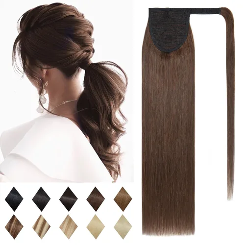 SEGO Extensión de cola de caballo de cabello humano, cabello humano real, clip, envolvente, de cabello natural lacio, con pasta mágica, postizos de