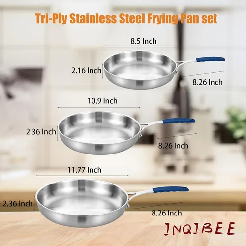Miniatura 6 de Inqibee Juego de 3 sartenes de acero inoxidable de 8.5-10-12 pulgadas con tapa, sartenes, sartén de chef, sartenes de inducción, aptas