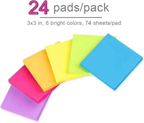 Miniatura 2 de Paquete de 24 notas adhesivas de 3 x 3 pulgadas, bloc de notas adhesivas coloridas superadherentes, adhesivo fuerte, 74 hojas/bloc 24pcs Bright 3x3