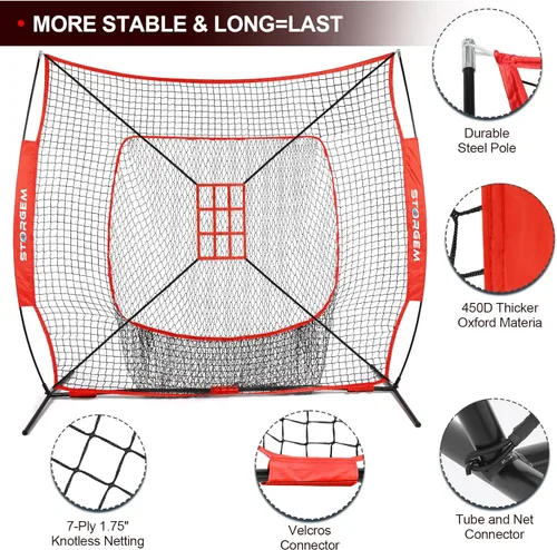 Miniatura 2 de Storgem Red de práctica de béisbol y softbol de 77 pies – Soporte portátil para bateo, lanzamiento, entrenamiento de bateo con camiseta, organizador