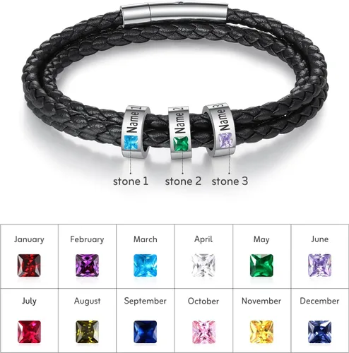 Miniatura 7 de Pulsera personalizada para el Día del Padre para hombre, pulseras personalizadas de cuero trenzado negro con cuentas grabadas de 1 a 8 nombres