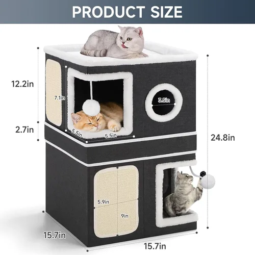Miniatura 3 de Casa de Gato de 2 Pisos para Gatos de Interior, Separable en 2 Grandes Camas de Gato Cueva con Condominios Escondidos, Almohadillas para Rascar