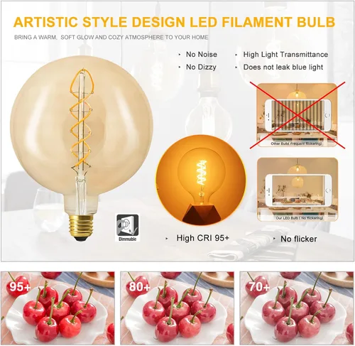 Miniatura 3 de Bombilla Edison E26 vintage de gran tamaño, regulable de 6 W, vidrio ámbar, blanco cálido 2200 K, sin parpadeo, CRI90, equivalente a 60 W, bombilla