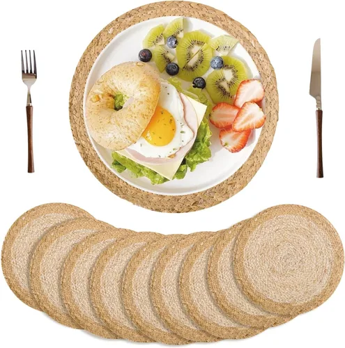 Miniatura 10 de Juego de 6 manteles individuales redondos tejidos de 12.5 pulgadas, manteles individuales de ratán natural, cargadores bohemios para platos de cena