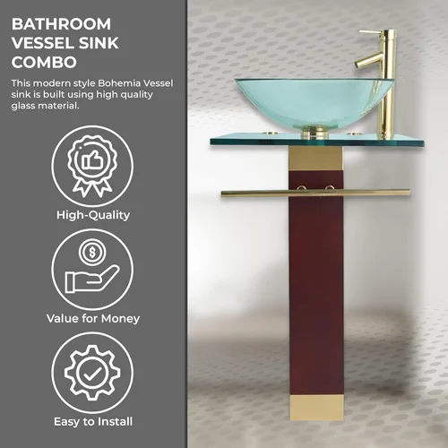 Miniatura 2 de Renovators Supply Manufacturing Bohemia Combo de Lavabo de Pedestal de Vidrio Moderno Encimera de Vidrio Templado Cristalino Transparente Tocador