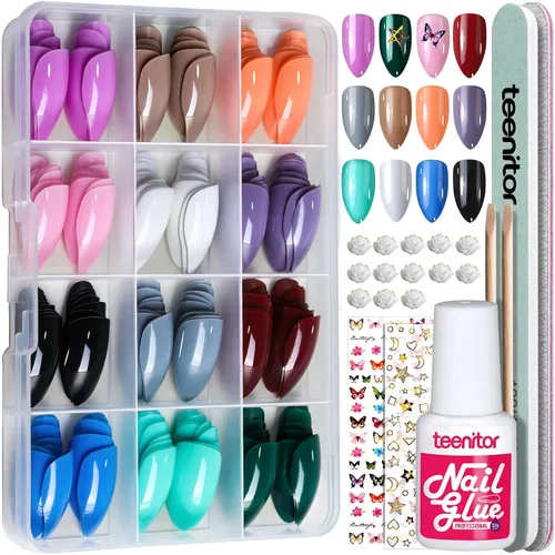 Teenitor 12 Colores Uñas Postizas de Almendra de Longitud Corta, Uñas Postizas en Forma de Almendra con Pegamento, Uñas Postizas de Almendra de