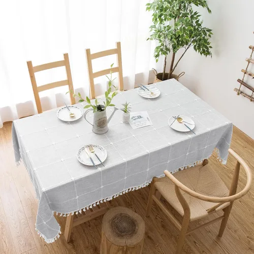 Miniatura 7 de Oubonun Mantel rectangular de lino de algodón, resistente a las arrugas y resistente al agua, lavable a máquina con borlas para cocina y comedor, 55