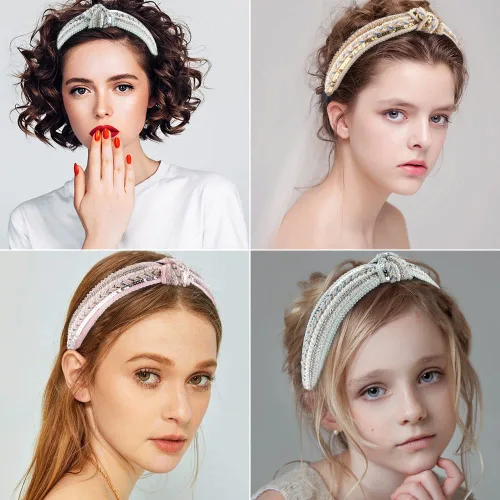 Miniatura 6 de TOBATOBA Diademas anudadas para mujer, paquete de 3 diademas con cuentas de perlas de diamantes de imitación, diademas bohemias con nudo superior
