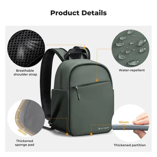 Miniatura 6 de K&F CONCEPT Mochila para cámara, bolsa ligera para fotógrafos, bolsa de fotografía portátil compatible con Canon/Nikon/Sony, color verde verde