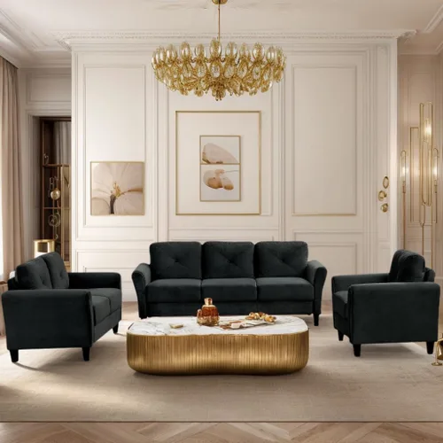Miniatura 13 de Harper & Bright Designs Sofá individual tapizado de terciopelo con respaldo copetudo con botones, sillón moderno para sala de estar, color negro