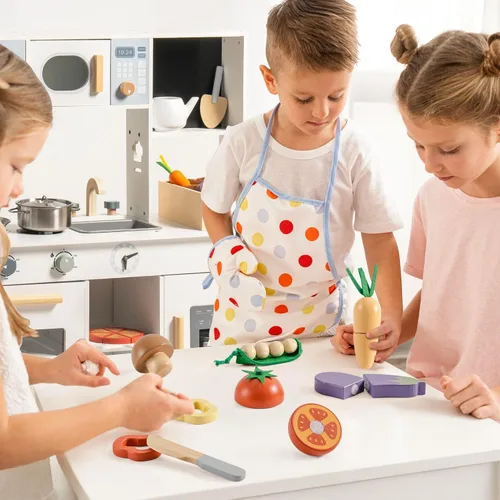 Miniatura 7 de ROBOTIME Juego de Comida de Juguete de Madera para Cortar Verduras, Juguete de Comida de Simulación para Cocina de Juguete con Bolsa de Compras