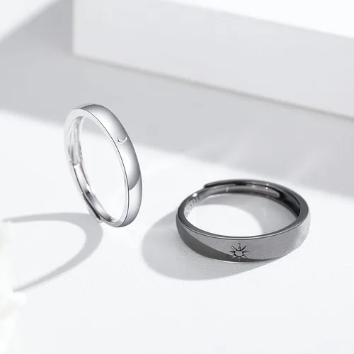Miniatura 7 de Juego de 2 anillos de compromiso para parejas de sol y luna, 2 piezas de plata de ley 925, anillos ajustables a juego, anillos de compromiso