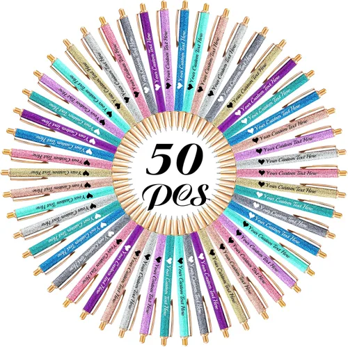 Miniatura 30 de 10 bolígrafos personalizados con purpurina, bolígrafos impresos personalizados a granel, bolígrafos retráctiles de tinta negra para graduación