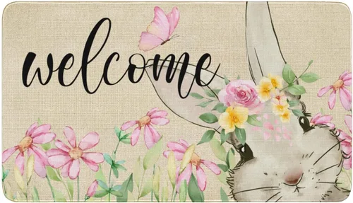 Tapete antideslizante para puerta de Pascua, diseño de conejito de primavera, diseño floral para interiores y exteriores, para entrada, porche,