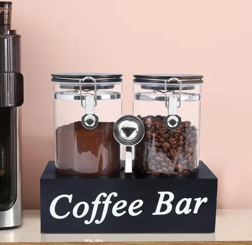 Miniatura 4 de WYTAOHZL 2 recipientes de café de vidrio con estante, organizador de estación de café de 54 oz, almacenamiento de granos de vidrio con cuchara