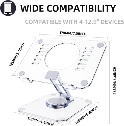 Miniatura 3 de Soporte acrílico giratorio de 360° para tableta, soporte de escritorio ajustable plegable transparente compatible con iPad Pro, Air, Mini, Kindle
