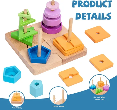 Miniatura 3 de Adena Montessori Juguete de clasificación de color 4 en 1 para niños pequeños, juguete educativo de madera con bases desmontables, degradados