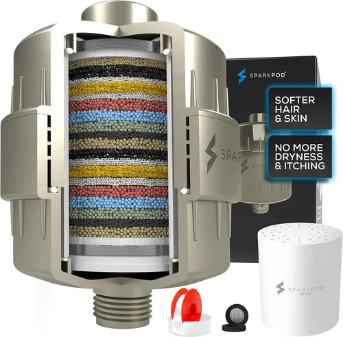 SparkPod Filtro de cabezal de ducha de 23 etapas para cabello seco y piel – Filtros de ducha universales de alto rendimiento para eliminar productos