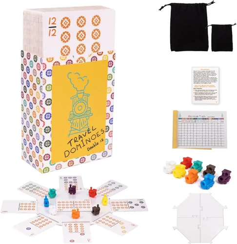 Mexican Train, Juego de Dominó de Viaje Mini: 105 Cartas + 1 Hub para Mexican Train + 8 Marcadores de Tren + 1 Instrucción + 1 Hoja de Puntuación,
