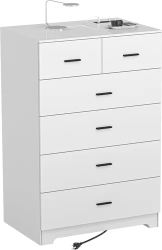 Miniatura 4 de FJTJBSI Cómoda con Tomas de Corriente de Madera de 6 Cajones con Organizador Grande Blanco Organizador de Almacenamiento Alto con Riel de Metal Liso