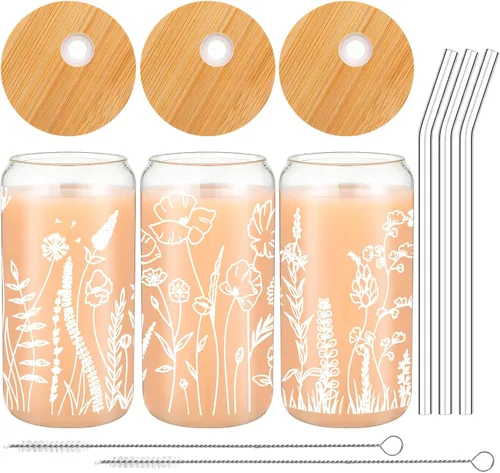 Bokon 3 tazas de vidrio para regalo de dama de honor de 16 onzas, tazas de café helado floral con tapas de bambú y cepillo para pajitas, lindos