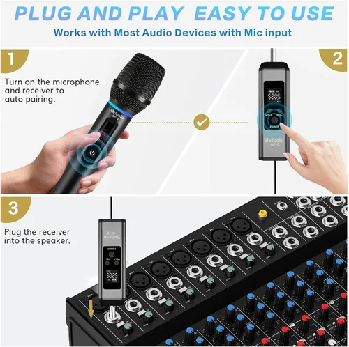 Miniatura 6 de Micrófono inalámbrico recargable UHF para cantar con bolso, micrófono dinámico de mano de metal con receptor, micrófono de karaoke inalámbrico