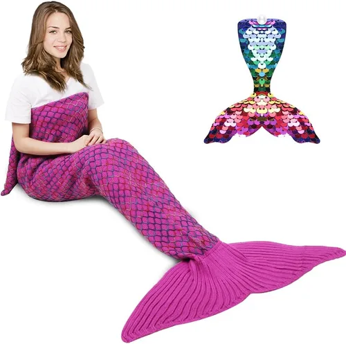 Miniatura 10 de AmyHomie Manta de cola de sirena, manta para niños, saco de dormir de sirena de ganchillo, regalo de sirena para niñas (azul claro, niños)