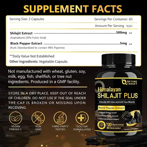 Miniatura 2 de NATURE TARGET Cápsulas de Shilajit del Himalaya – 500 mg de Shilajit puro con 50% de ácido fúlvico y pimienta negra – Energía, enfoque y vitalidad